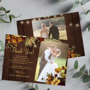 2 photos rustic fall floral wood wedding thank you card