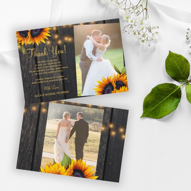 2 photos rustic sunflowers barn wood wedding thank you card (Creator Uploaded)