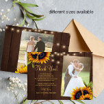 2 photos rustic sunflowers wood wedding thank you card<br><div class="desc">Elegant chic summer or fall wedding stylish budget MINI SIZE thank you card template on brown barn wood featuring beautiful sunflowers bouquets, strings or twinkle lights, and a chic faux gold calligraphy script. Easy to personalise with your details and two photos on front and back! Suitable for elegant summer or...</div>