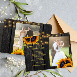 2 photos rustic sunflowers wood wedding thank you card
