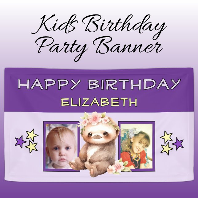 2 photos sloth birthday name kids purple party banner (Creator Uploaded)