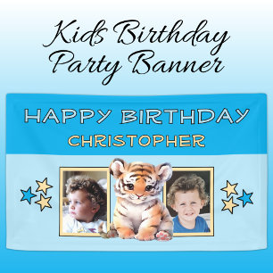 2 photos tiger birthday name kids blue party banner