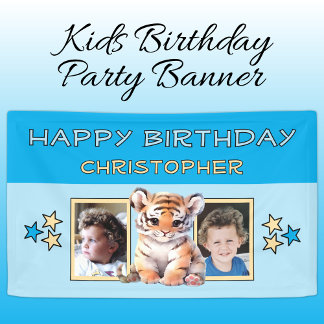 2 photos tiger birthday name kids blue party banner