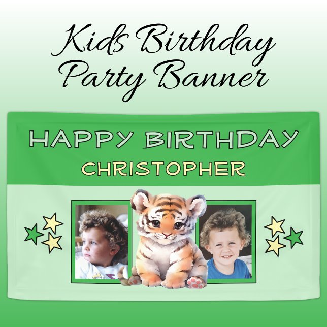 2 photos tiger birthday name kids green party banner (Creator Uploaded)