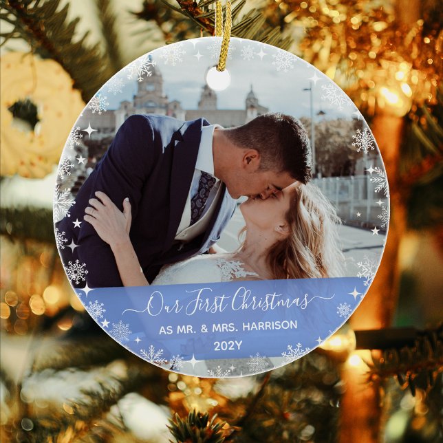 2 Photos (Vert+H) 1st Christmas Mr Mrs Snowflakes Ceramic Ornament (Our First Christmas as Mr. & Mrs. Elegant Modern Calligraphy Personalized Names 2 Photos Snowflakes)