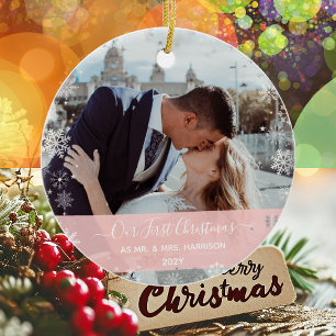 2 Photos (Vert+H) 1st Christmas Mr Mrs Snowflakes Ceramic Ornament