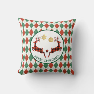 2 Plaid Deer Jumping on an Argyle Pattern Rustic Cushion