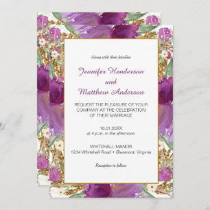 2 Purple Amethyst Flowers Gold Glitter Invitations