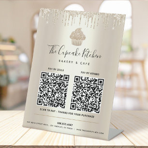 2 QR Code Pay Here Gold Cupcake Glitter Bakery Pedestal Sign