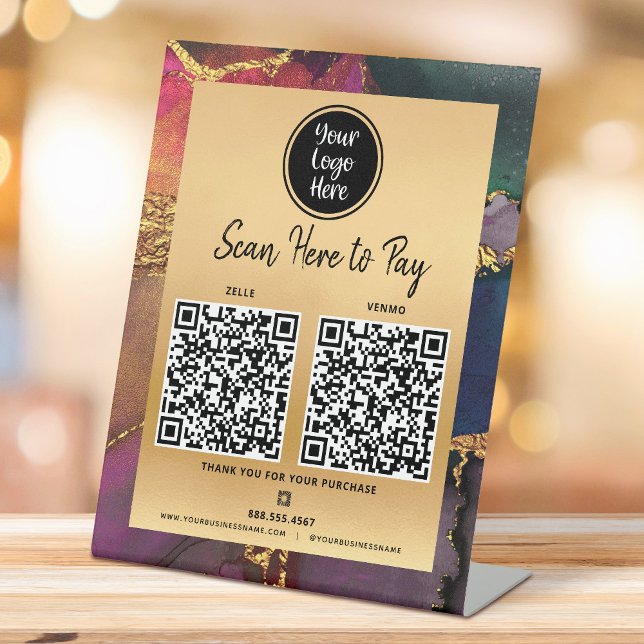 2 QR Code Pay Here Logo Gold Purple Blue Agate Pedestal Sign (Creator Uploaded)