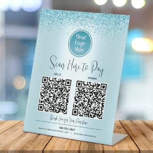 2 QR Code Turquoise Glitter Custom Logo Pay Here Pedestal Sign