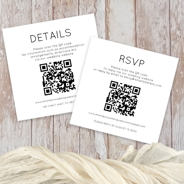 2 QR Codes Black White Wedding Details RSVP Enclosure Card (Front and Back View All in One RSVP and Details mini enclosure wit two QR codes)
