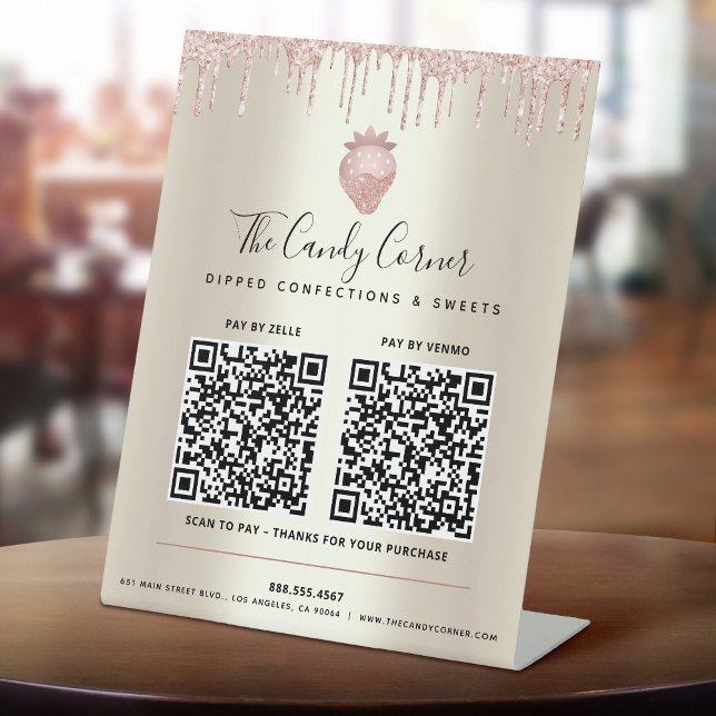 2 QR Codes Pay Here Pink Glitter Drips Sweets Gold Pedestal Sign (Creator Uploaded)