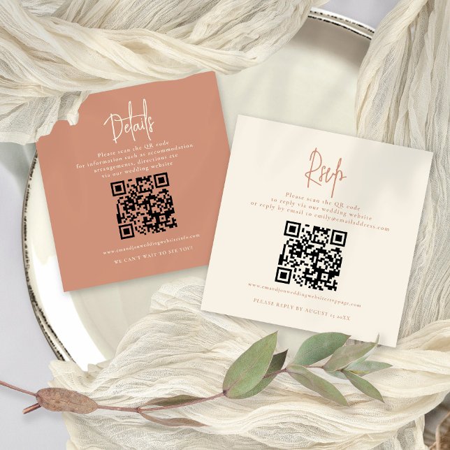 2 QR Codes Terracotta Cream Wedding Details RSVP Enclosure Card (Front and Back View All in one RSVP and Details Card with 2 QR codes)