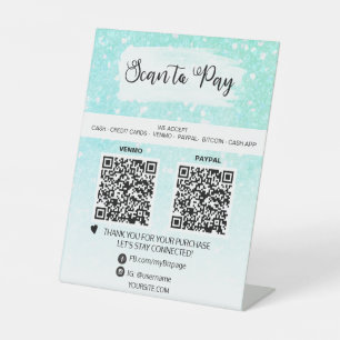 *~* 2 QR PAYMENT - AQUA Tabletop Table Tent Pedestal Sign