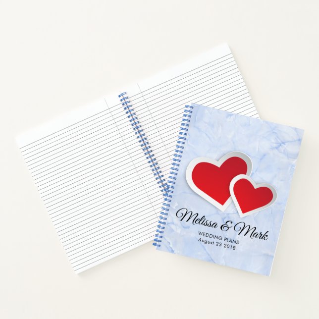 2 Red Hearts on Icy Blue Marble Wedding Plans Notebook (Inside)