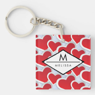 2 Red Hearts Repeating Pattern Cute Custom Key Ring