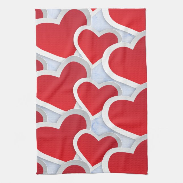 2 Red Hearts Repeating Pattern Cute Tea Towel (Vertical)