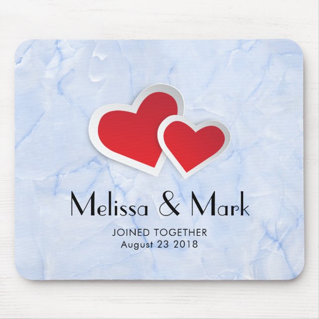 2 Red Paper Hearts on Icy Blue Marble Custom Mouse Pad (Front)