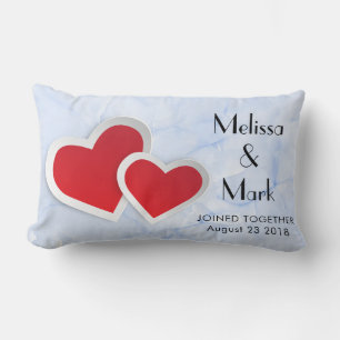 2 Red Paper Hearts on Icy Blue Marble Lumbar Cushion