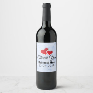 2 Red Paper Hearts on Icy Blue Marble Thank You Wine Label