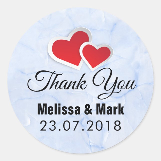 2 Red Paper Hearts on Icy Blue Marble Wedding Classic Round Sticker (Front)