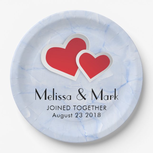 2 Red Paper Hearts on Icy Blue Marble Wedding Paper Plate (Front)