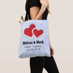 2 Red Paper Hearts on Icy Blue Marble Wedding Tote Bag