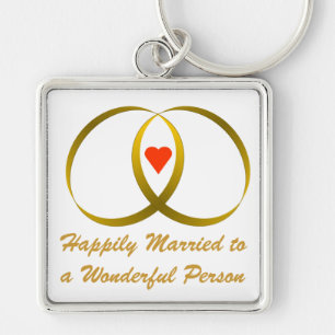 2 rings & heart, Happily Married... Key Ring