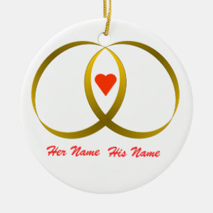 2 rings & heart, Her Name, His Name Ceramic Ornament