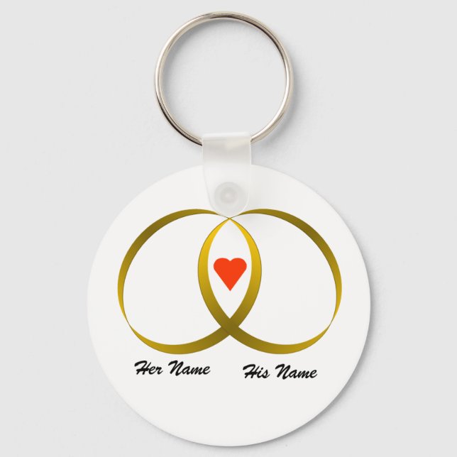 2 rings & heart, Her Name, His Name Key Ring (Front)