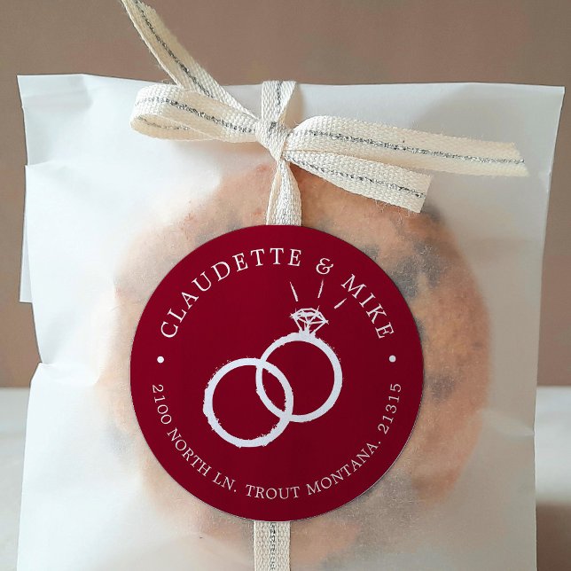 2 Rings | Minimal Burgundy Wine Wedding  Classic Round Sticker (Creator Uploaded)