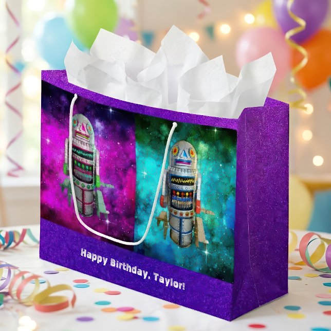 2 sci fi toy robots purple blue galaxy custom name large gift bag (Creator Uploaded)