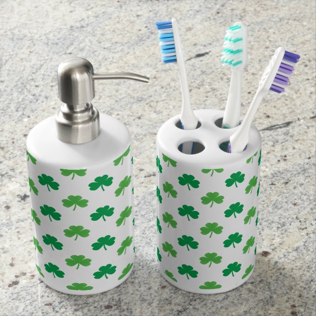 2-Shades of Green Shamrocks on White St. Patrick's Soap Dispenser And Toothbrush Holder (Front)