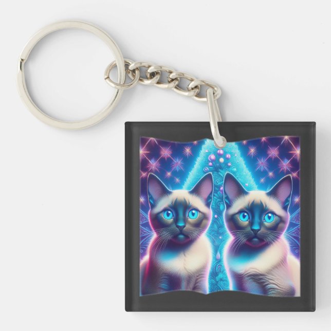 2 Siamese Kittens Posing In With Christmas Tree Key Ring (Front)