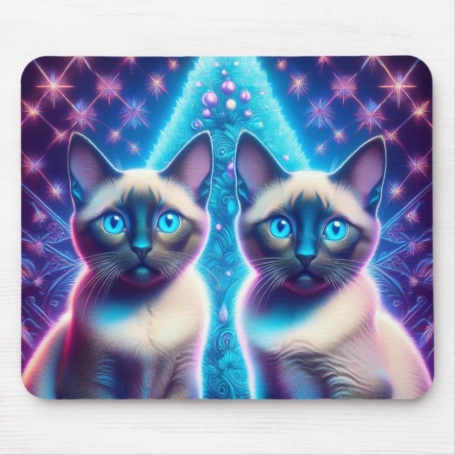 2 Siamese Kittens Posing In With Christmas Tree Mouse Pad (Front)