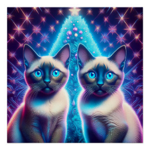 2 Siamese Kittens Posing In With Christmas Tree Poster