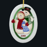 2 Sided - 1st Christmas Blue Frosty Snowman Family Ceramic Tree Decoration<br><div class="desc">Frosty the Snowman with Mrs Frosty and baby boy Frosty. They are dressed for winter in scarf,  hat and mittens. Unique ornament has date area ready for you to customise or delete.</div>
