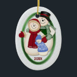 2 Sided - 1st Christmas Blue Frosty Snowman Family Ceramic Tree Decoration<br><div class="desc">Frosty the Snowman with Mrs Frosty and baby boy Frosty. They are dressed for winter in scarf,  hat and mittens. Unique ornament has date area ready for you to customise or delete.</div>