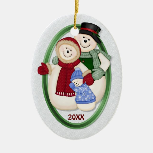 2 Sided - 1st Christmas Blue Frosty Snowman Family Ceramic Tree Decoration (Front)