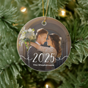 2-Sided 2025 Elegant Script Overlay Double Photo Ceramic Ornament