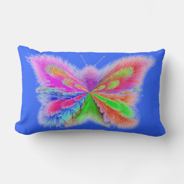 2 Sided Butterfly Art Blue and Orange Lumbar Cushion (Front)