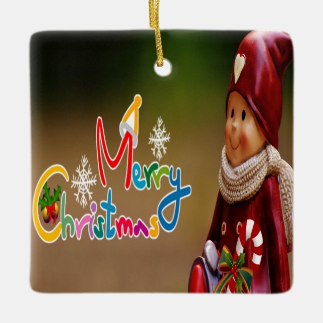 2 sided Christmas Elf greetings Ceramic Ornament (Front)