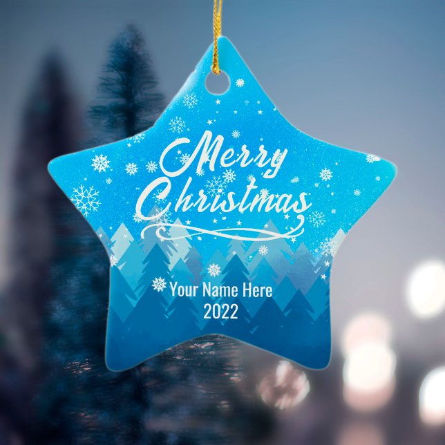 2-sided Custom Blue Snow Forest Christmas Star Ceramic Ornament (Creator Uploaded)