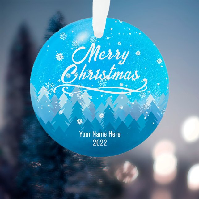 2-sided Custom Blue Snow & Forest Merry Christmas Ornament (Creator Uploaded)