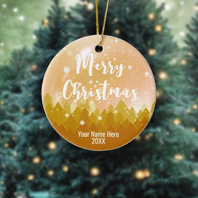 2-sided Custom Gold Snow & Forest Merry Christmas  Ceramic Ornament (Creator Uploaded)