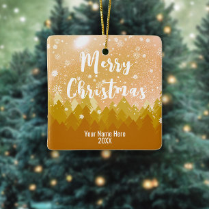 2-sided Custom Golden Snow Forest Merry Christmas  Ceramic Ornament