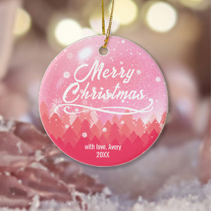 2-sided Custom Pink Snow & Forest Merry Christmas Ceramic Ornament