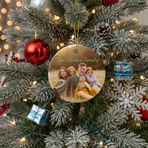 2-Sided Elegant Script Overlay Double Photo Ceramic Ornament