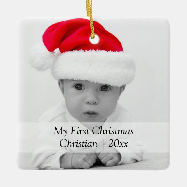 2 Sided First Christmas Black Text Personalised Ceramic Ornament (Front)